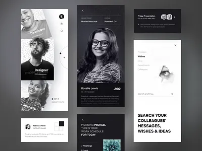 Employee Collaboration & Management App app design black white business calendar card crm dark employee management mobile app mobile design profile schedule search team members