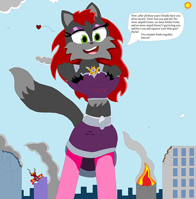 Scylla Wuv's Tails adults anthro character couples crushing fantasy foxes furry giantess illustration kaiju mobian moebian redhead romance sonic superpowers supervillains villainess vixen