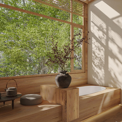 3D interior renderings of sandal wood style homestay