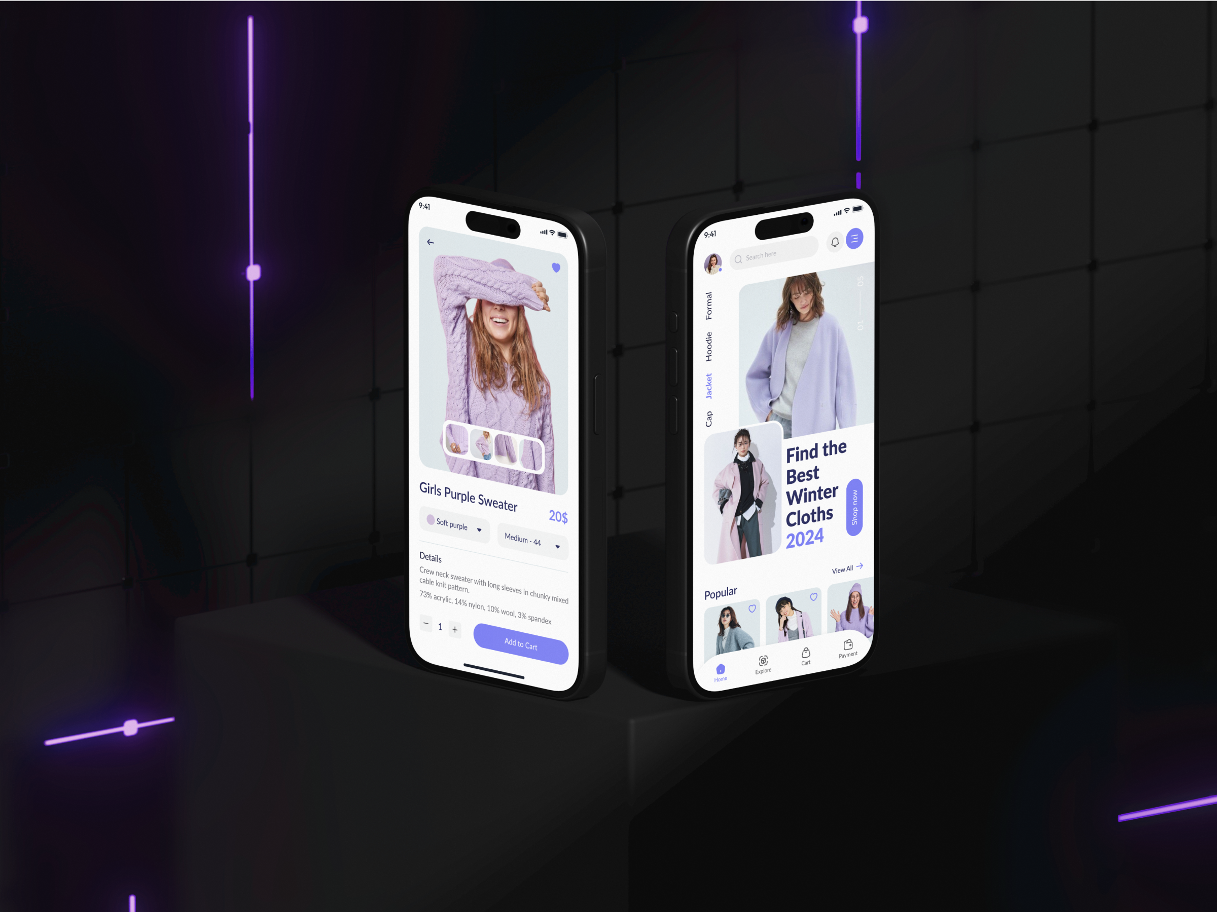 Winter Fashion App UI Design 3d animation appdesigner backbencherstudio cart checkout clean fashionapp mobileapp product productdetails simple ui uiinspiration userinterfacedesign ux