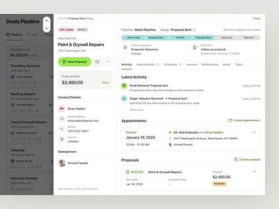 Deal Details - CRM Software appointment business software crm app customer management dashboard deal details erp software handyman house service kanban board lead management popover product design proposal software design system ui design ui ux web app worker app