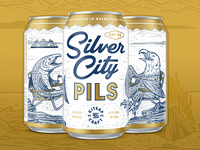 Silver City Pils beer branding can craft beer eagle illustration pacific northwest packaging salmon