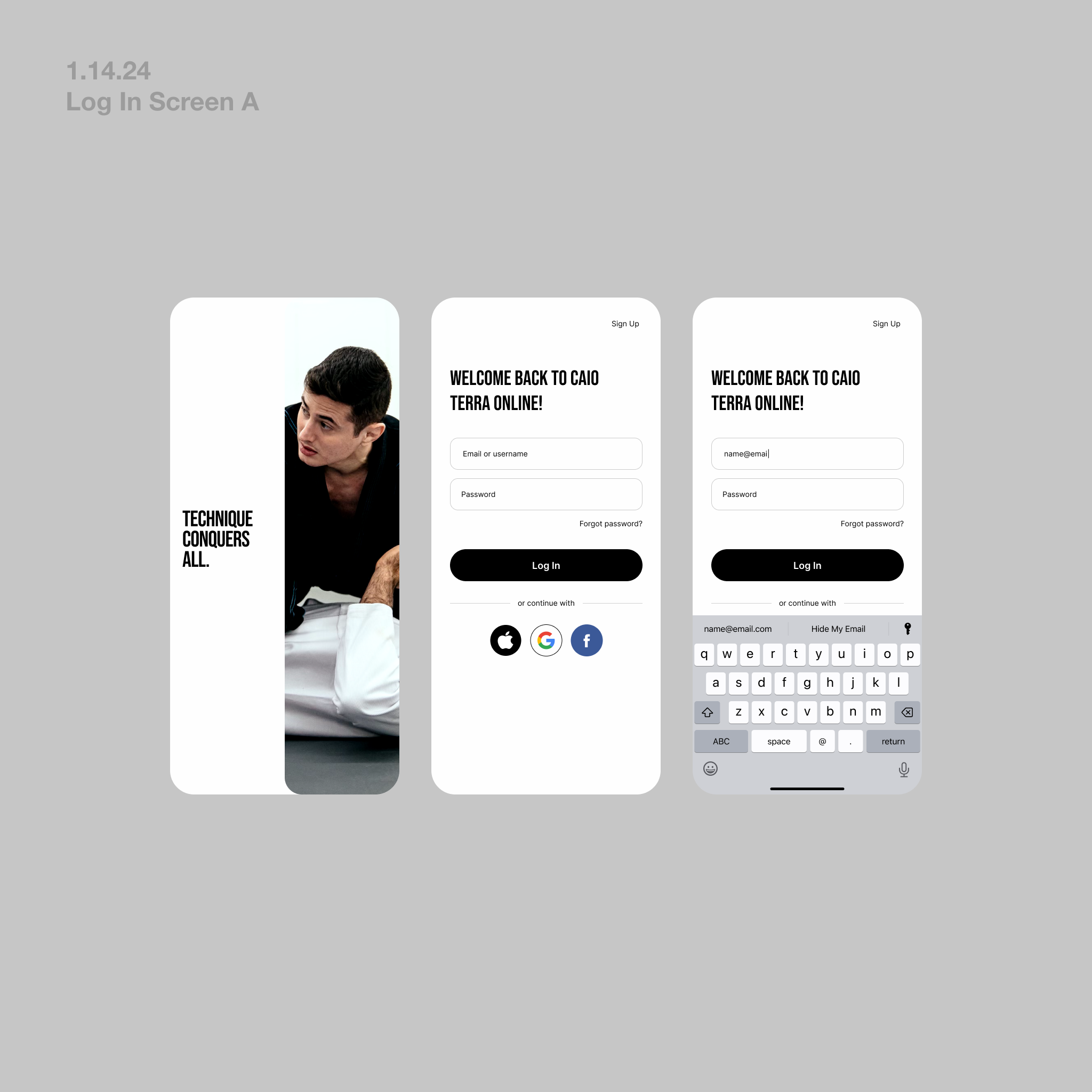 Log in screen for Caio Terra BJJ App Explorations app bjj log in mobile screen ui ux