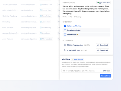 Salesnap - Details Modal checklist data details document feature minimal new note sidebar ui