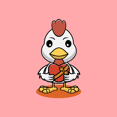 Cute chicken with chocolate box cartoon illustration rose