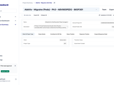 Clinical Study & RFP Summarization App Interface Product Design