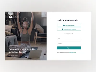 Login Interface for Welltech.Live | A Wellness Web App app community creator desktop facebook google login mobile online course platform product screen split subscription superpeer tutor ui web wellness workout