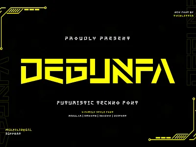 Degunfa - Futuristic Tech Font action coding cool cyber display electronic figure font funky futuristic game headline hero movie planet sci fi success tech techno usa