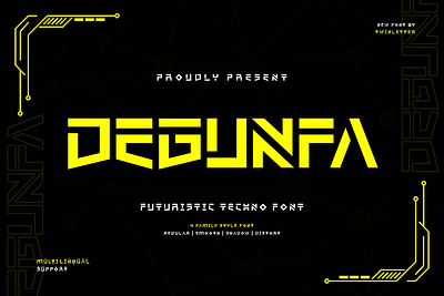 Degunfa - Futuristic Tech Font action coding cool cyber display electronic figure font funky futuristic game headline hero movie planet sci fi success tech techno usa
