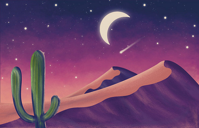 Moonlit night in a desert cactus desert digital art graphic design illustration minimal moon light night procreate sand dunes ui