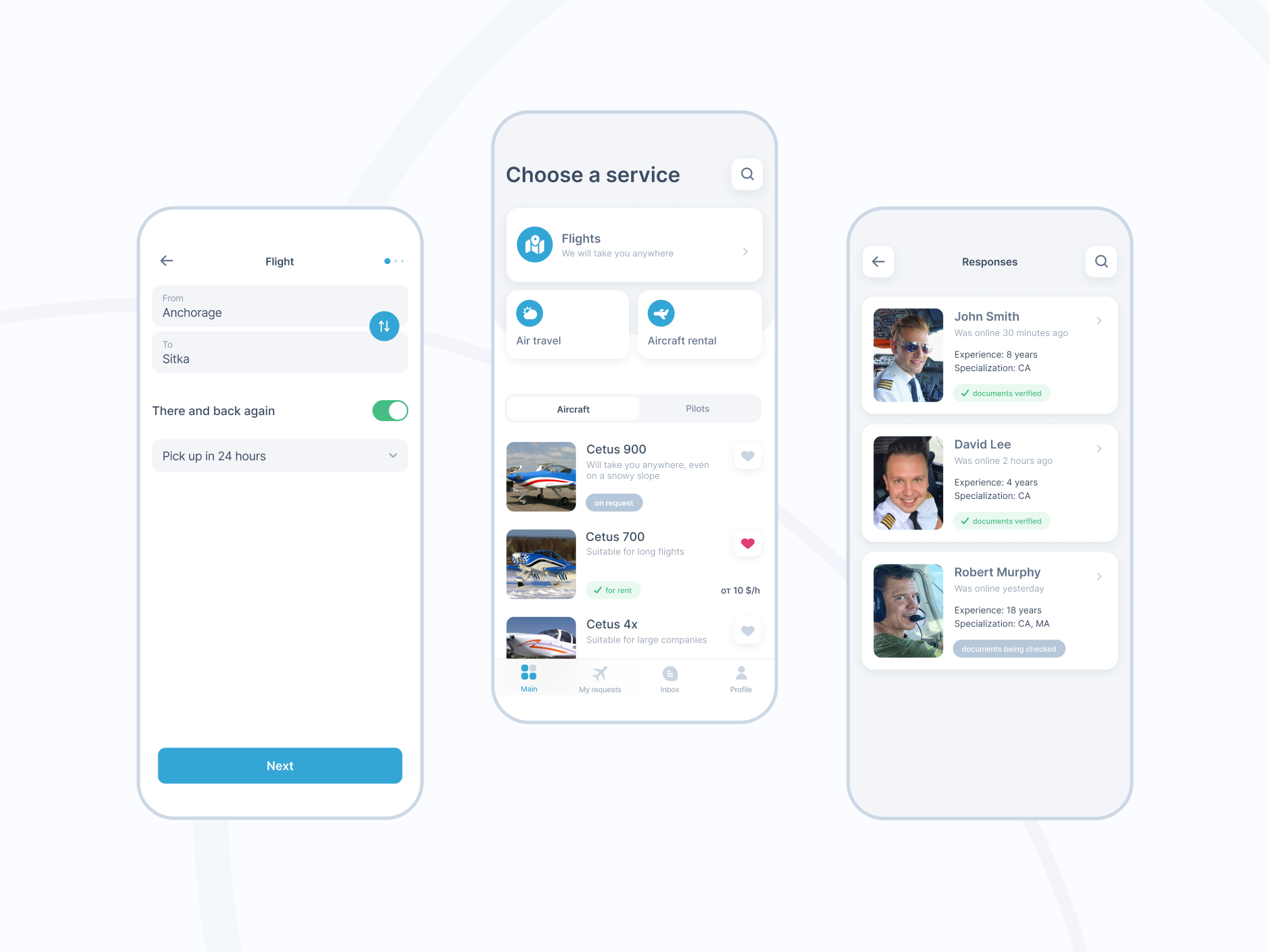 Plane Rent App aircraft alaska app blue clean concept design interface minimalism mobile mobile app mobile ui plane rent transfer ui uiux ux white