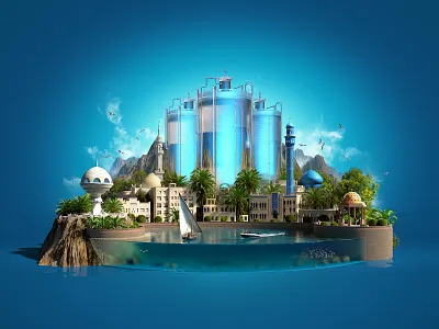 3D Mini World — Clean Water 3d 3d illustration 3d render 3d world cgi diorama eco ecology environment exterior illustration landmarks middle east mini world oman sea tourism travel water world