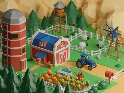 3D Farm 3d agriculture agronomy barn carrot country countryside farm farmer farming farmland field harvest hay illustration rural sheep tractor village windmill