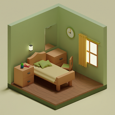 3D Isometric Bedroom Lowpoly Vintage Color 3d 3d illustration architecture visualization blender illustration interior isometric low poly