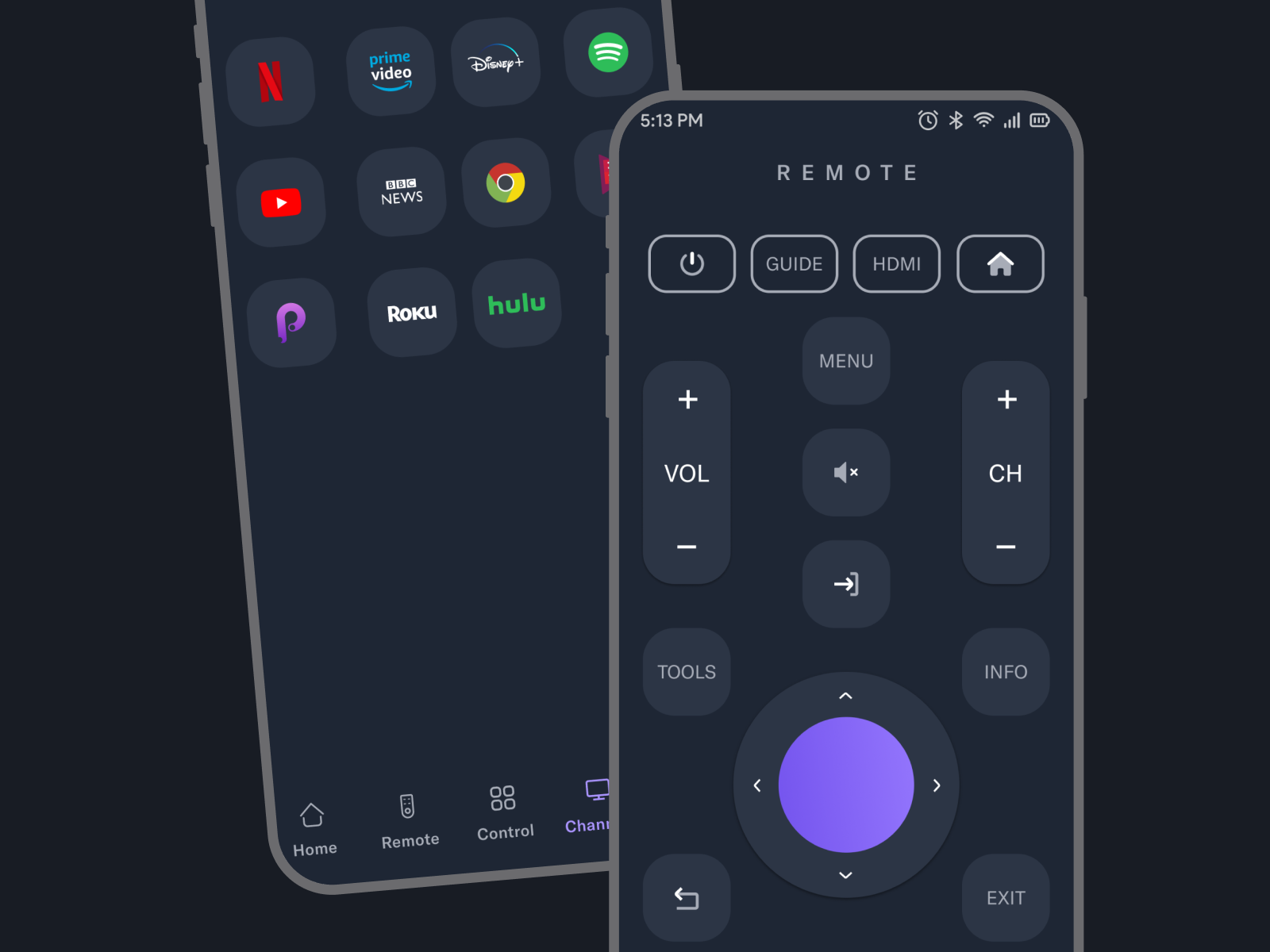 Universal TV Remote App UI Design (Dark Theme) ac remote alexa controller remote remote app remote control siri smart home tv app tv channels tv mobile app tv remote ui universal remote