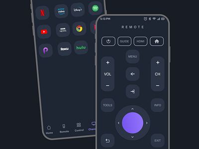 Universal TV Remote Dark Theme UI ac remote alexa controller remote remote app remote control siri smart home tv app tv channels tv mobile app tv remote ui universal remote