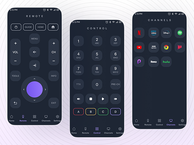 RemoteZen + TV Remote App Design ac remote alexa explore iap in app purchase design remote remote app remote control siri tv channels tv remote ui