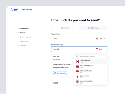 Arto Plus - Balance Details Lite - Send Money Focused balance detail currencyconversion exchange globalfinance payment payx product design request money saas selectcurrency send money transactions ui ux
