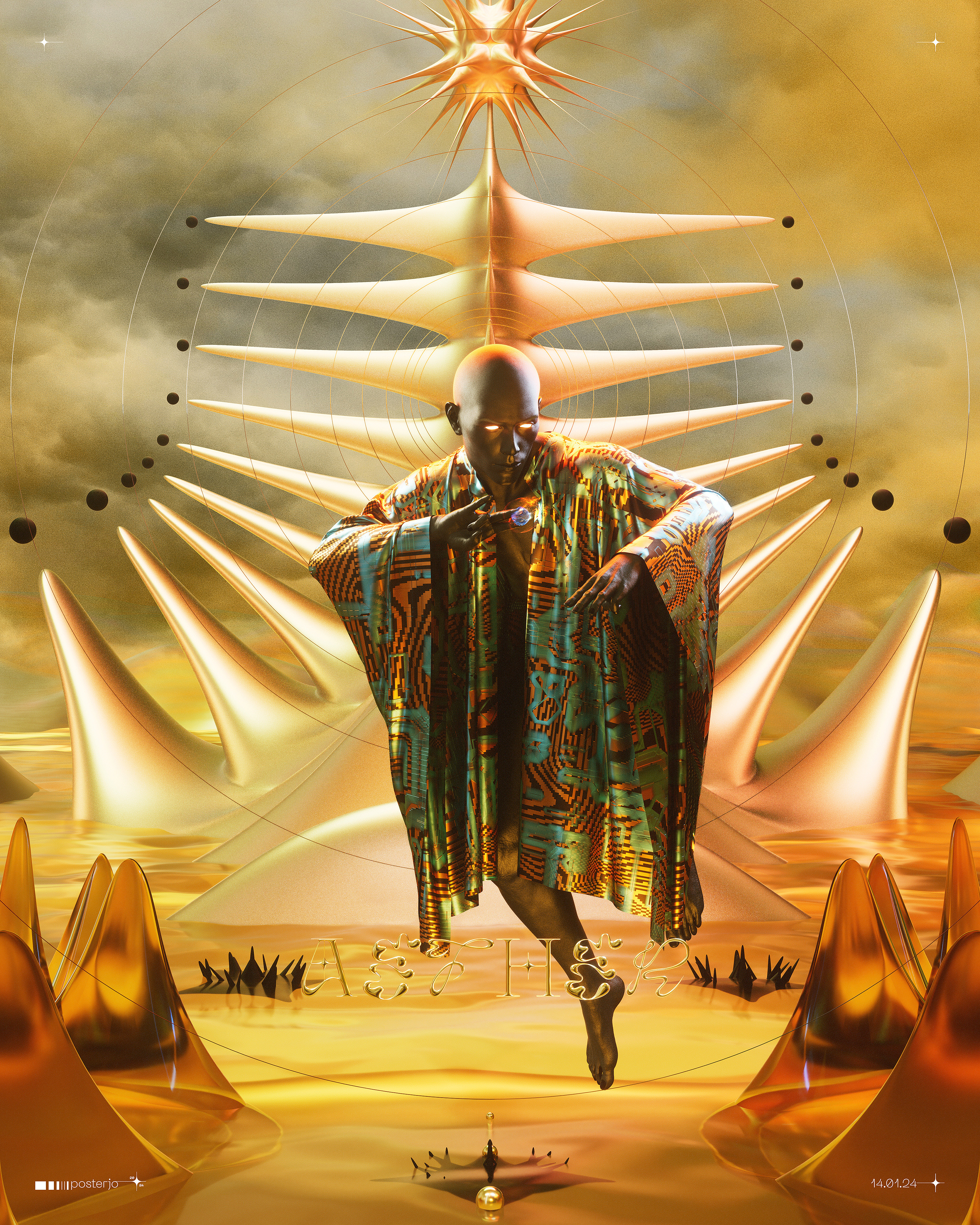 Aether - 14.01.24 3d blender c4d chrometype cinema4d golden joan sterjo joansterjo neuegothic octane poster posterjo render