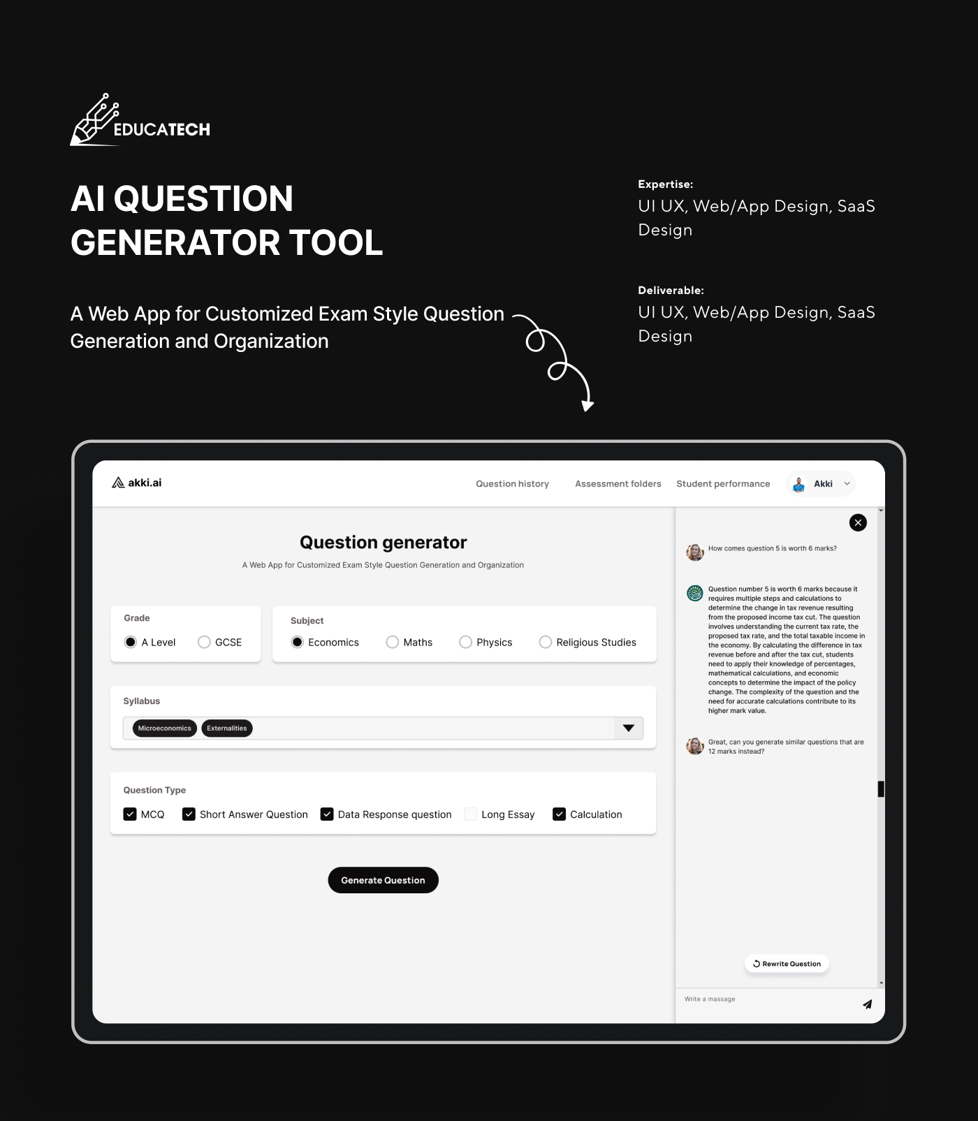 Ai Question genaretor for High school teacher ai app design chatgpt dashboard design prototype rafatulislam.com rafatulux ui ux design user experience design user interface design web design