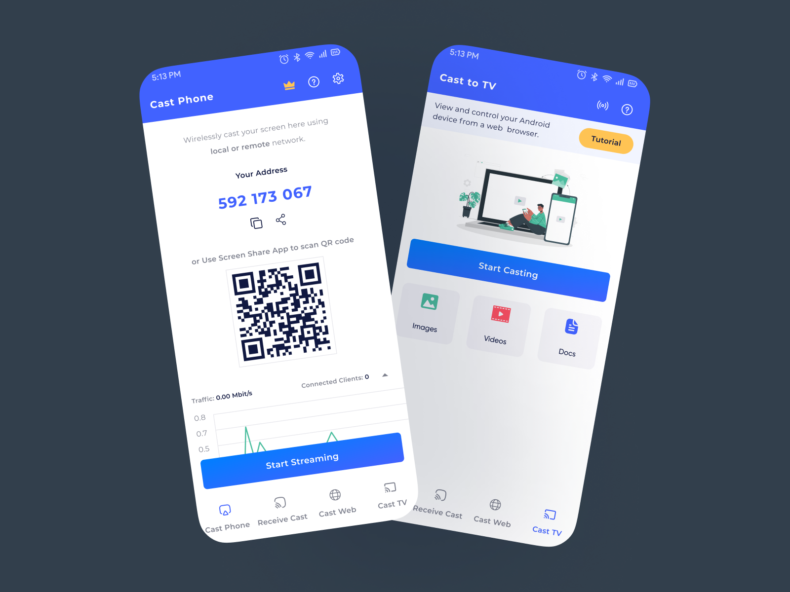 Screen Casting & Mirroring App UI Design card view cast to tv casting complete project home page iap in app purchese onboarding qr stats tv cast web cast