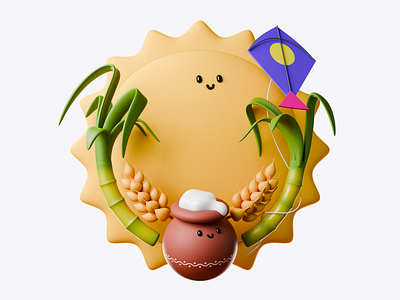 Sankranti wishes 3d artwork b3d blender3d cgi composition design festival harvest illustration kite pot render sankranti sugarcane sun telugu wheat