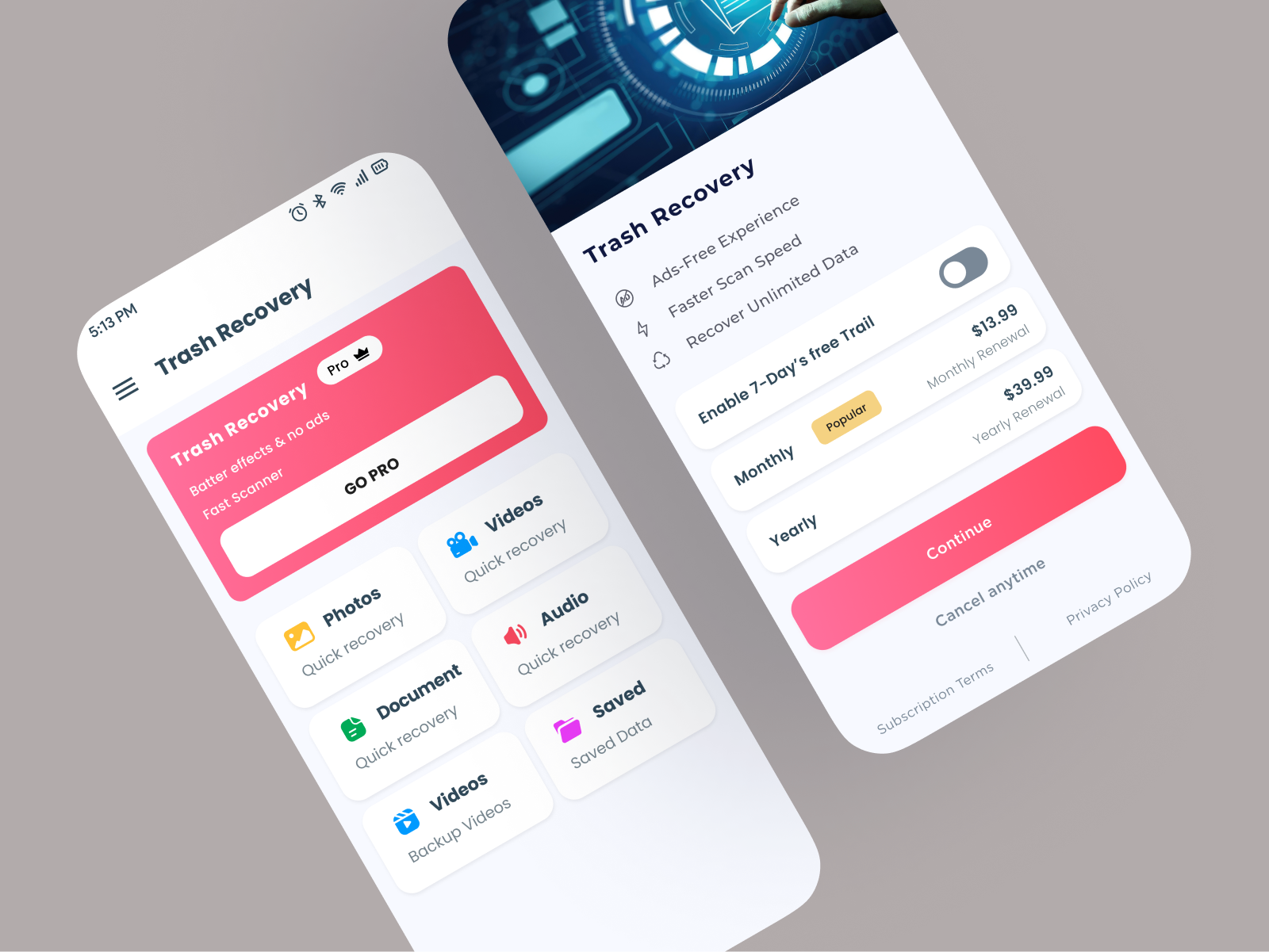 Deleted File Recovery App UI Design audio recover document recover explore iap iap design in app purchase photo recovery recovery app trash recovery video recover