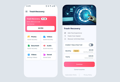 Trash Recovery App UI Design : Rediscover Lost Moments 🚀🔍 audio recover document recover explore iap iap design in app purchase photo recovery recovery app trash recovery video recover