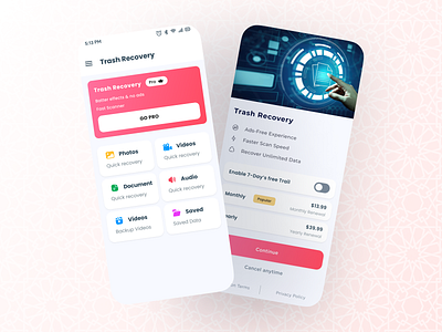 Trash Recovery App UI Design : Rediscover Lost Moments 🚀🔍 audio recover document recover explore iap iap design in app purchase photo recovery recovery app trash recovery video recover