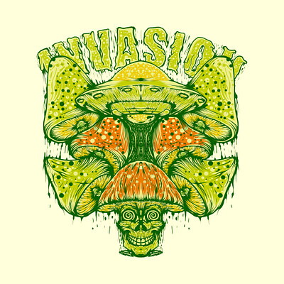 Invasion Mushrooms alien art brand branding design graphic design identity illustration logo mushroom skull skulls streetwear ufo