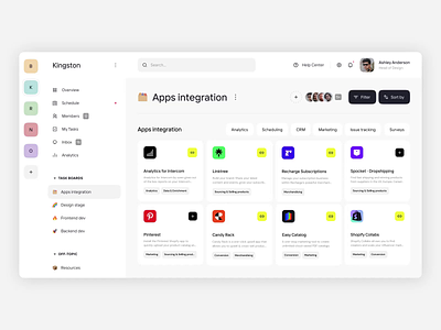Project Management app, Apps integration | Lazarev. animation apps cards clean dashboard design fields interaction interface motion graphics product design saas sidebar ui ux