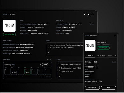 CRM Lead Card - Dark Mode app app design calendar crm dark mode design desktop lead lead card mobile product design ui ux