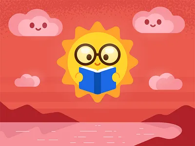 Sun Reading Book book branding cartoon character children children book clouds creative design digital flat icon illustration kawaii kids landscape mascot sun sunset vector