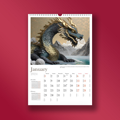 Design of Dragon-themed Wall Calendar 2024 calendar china new year dragon graphic design illustration red web design