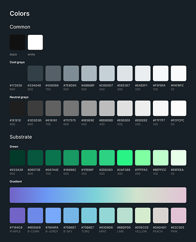 Substrate UI Palette color cool dark theme gradient gray green light pink product design theme ui warm