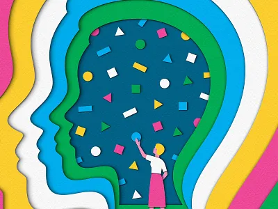 Organising Thoughts art brain design editorial head illustration magazine memphis mind neurodiversity neuroscience organising organization organizing paper craft people profile psychology shapes