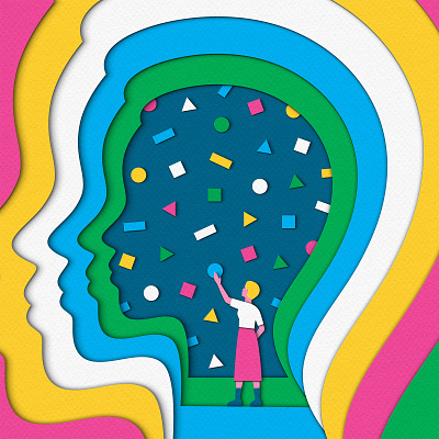 Organising Thoughts art brain design editorial head illustration magazine memphis mind neurodiversity neuroscience organising organization organizing paper craft people profile psychology shapes