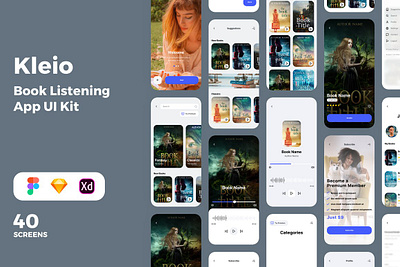 Kleio Book Listening App UI Kit adobe xd app book design figma ios iphone kit kleio book listening app ui kit listening mobile reading sketch ui ux