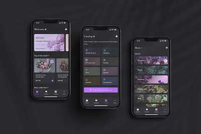 Lilac mobile application redesign - Dark mode appplication dark mode flowers lilac ui ux