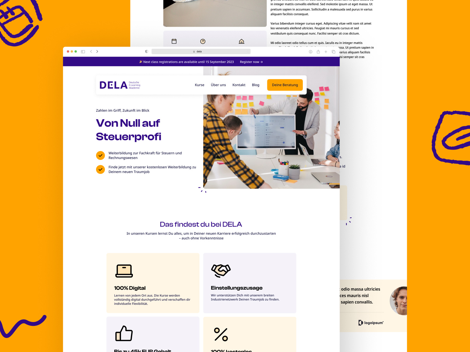 DELA E-learning - Landing Page design brand branding courses digital finance ladningpage learning minimal mordern orange purple ui uiux