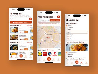 SaleRecipe App - recipes based on leftovers and discounts app design discounts inspiration leftovers map ui map with shops meal app pitch deck recipe app shopping list ui ideas ui ux