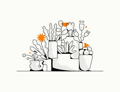 Grow black and white blackandwhite design flowerpot flowers graphic design handmade illustration line orange plants point pot shine skill still life vase vector