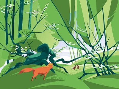 Fox hunting in the spring forest animal bloom etsy flat forsale fox green horizontal hunt illustration landscape partridge poster season spring vector vector art wild