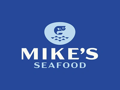 Mike's Seafood Logo & Branding Design blue branding crab fish food icon logo mark nautical negative space restaurant seafood shell takeaway type vector wave