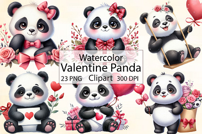 Watercolor Valentine Panda Clipart