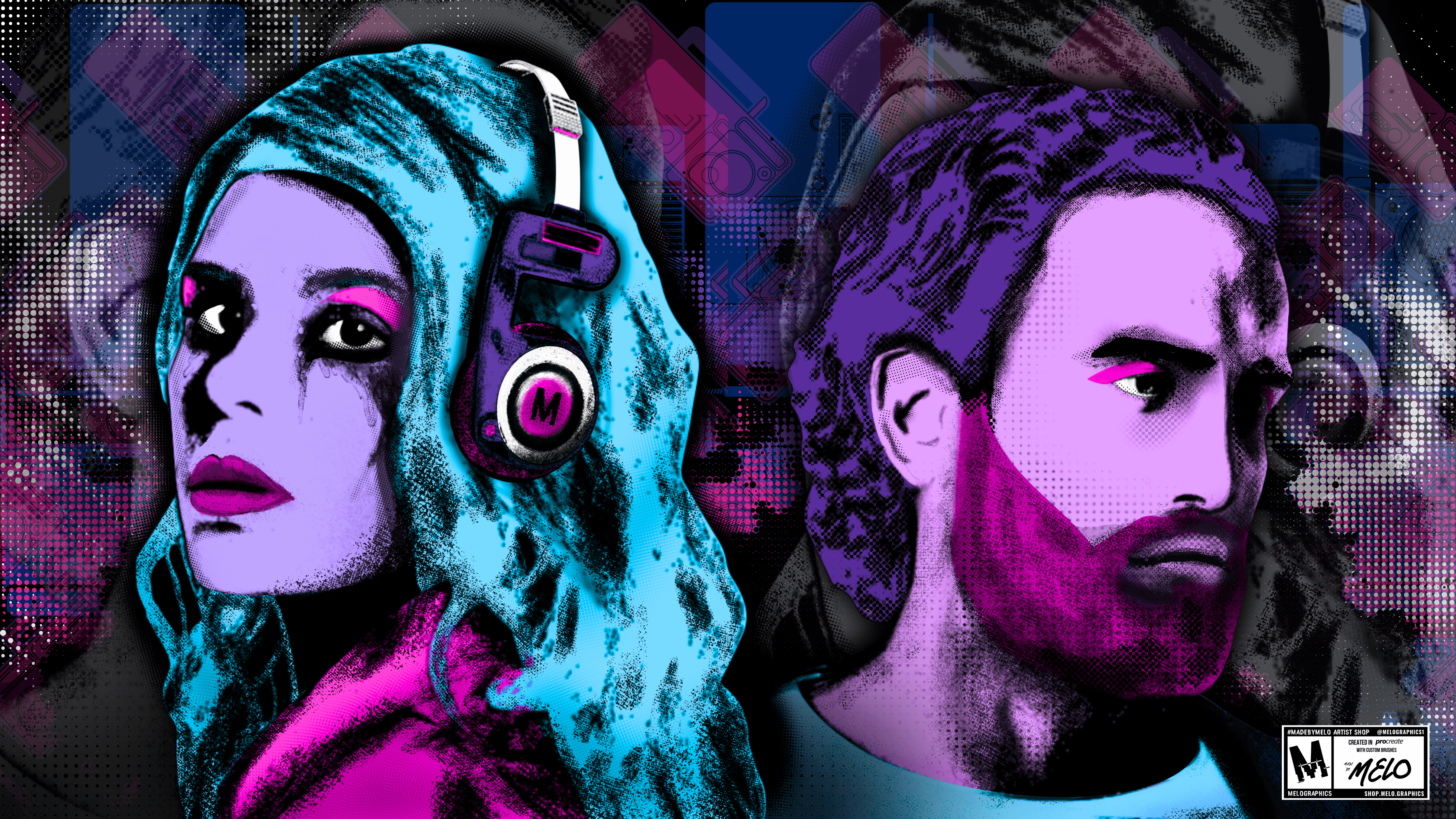 THE OUTRO: Personal Playlist About You, Without You #MadeByMELO bright custom brushes digital art graphic design halftone halftones headphones illustration love madebymelo music pop art procreate procreate art textures vibrant