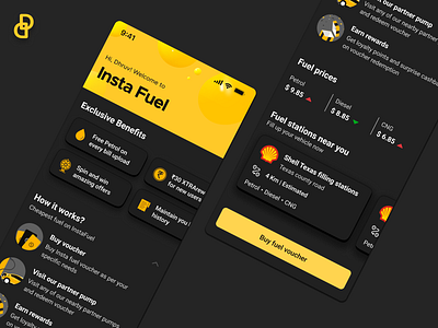 Insta Fuel: Fuel Loyalty App UI black cards dark ecommerce elegant explore fuel fuelapp howitworks landingpage loyalty loyaltyprogram minimal mobileapp petrol pricing shopping subscription technology yellow