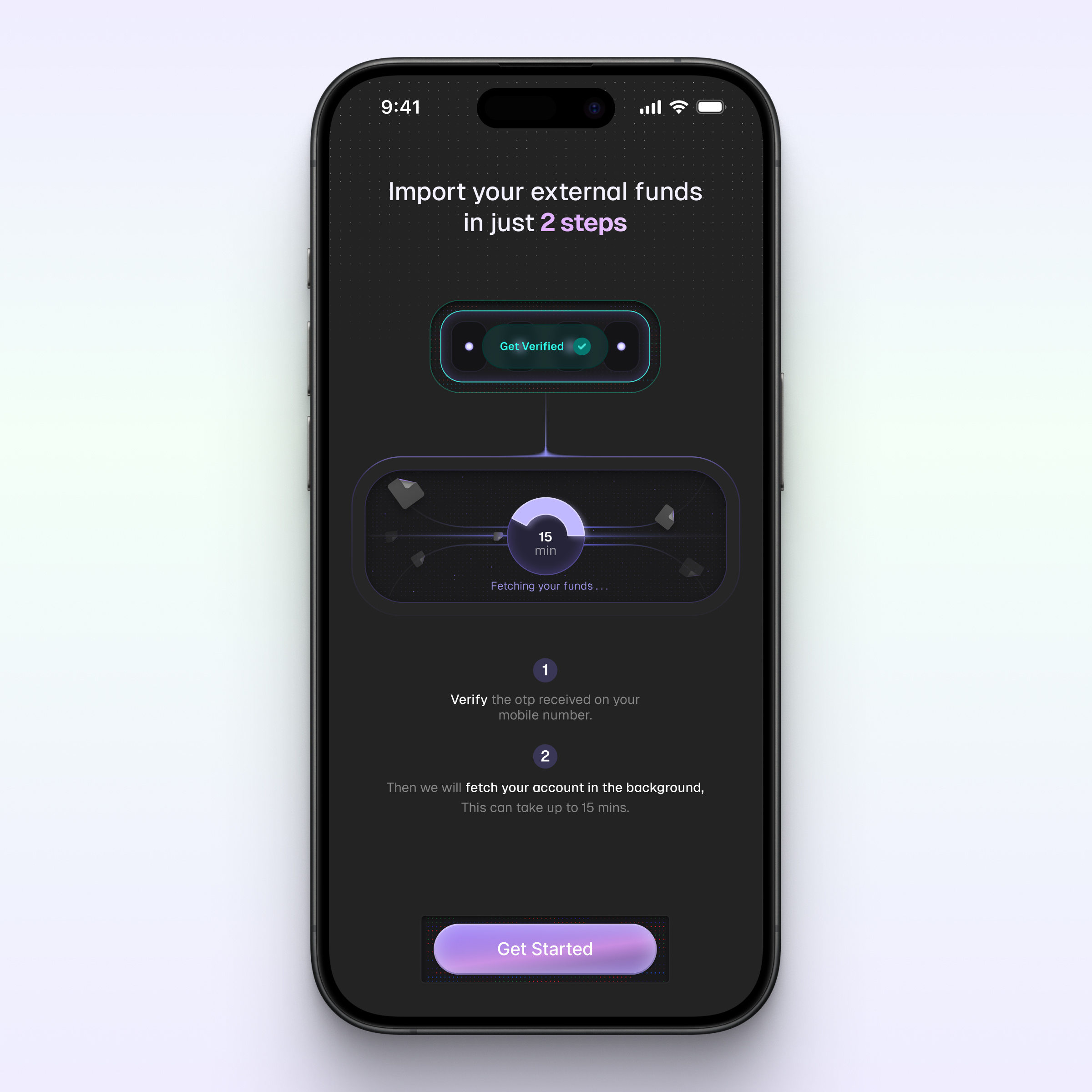 Import Funds illustration app button dark mode fintech fund illustration ios minimal mobile purple ui