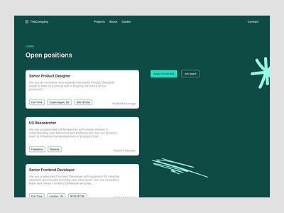 Job listings apply unsolicited branding career creative design design exploration figma freelance full time illustrations job agent job listings job positions landing page open positions part time ui ux web design website