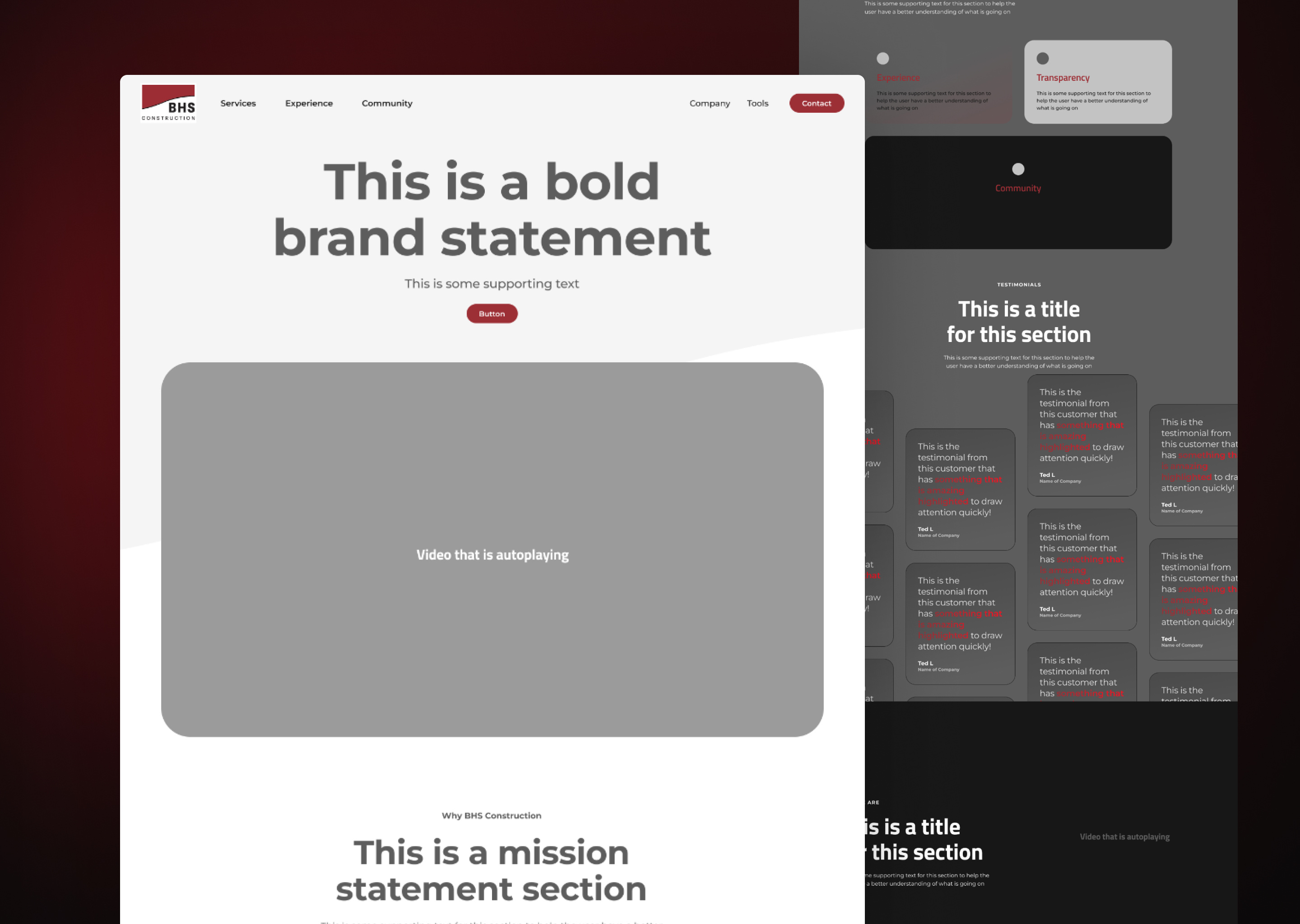 Construction homepage wireframe